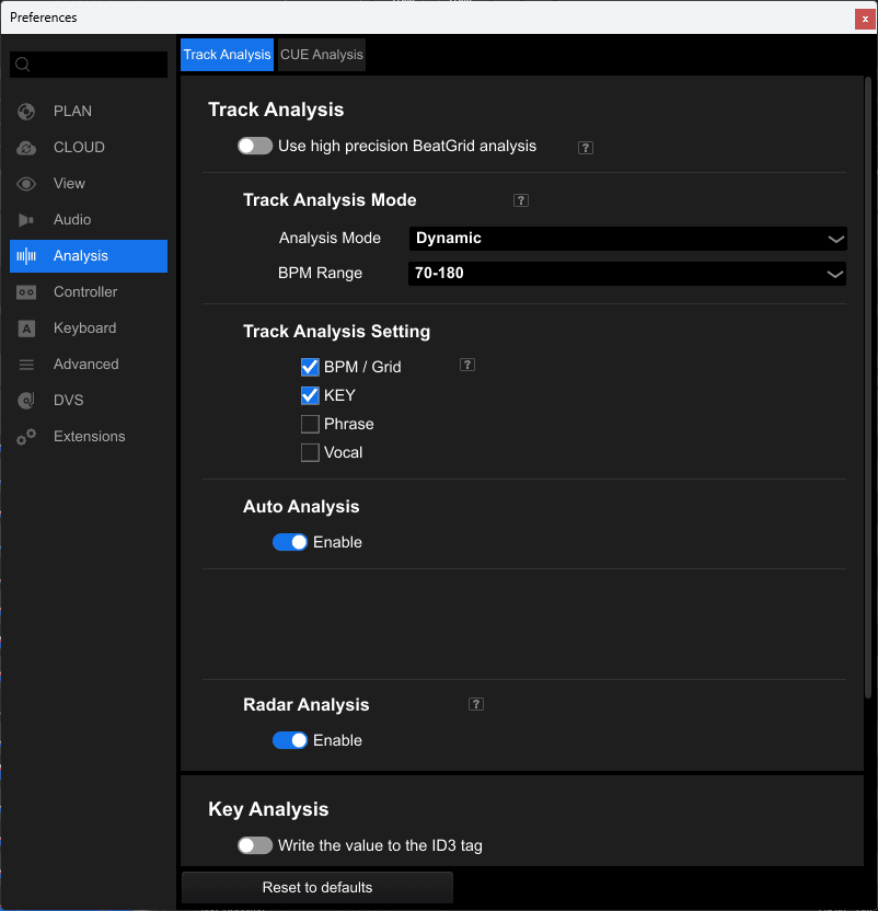 Rekordbox Preferences open on Analysis: the Track Analysis tab with BPM / Grid and KEY ticked under Track Analysis Setting