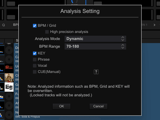 Rekordbox's Analysis Setting window with BPM / Grid and KEY ticked, a note that BPM, Grid and KEY will be overwritten, and OK and Cancel