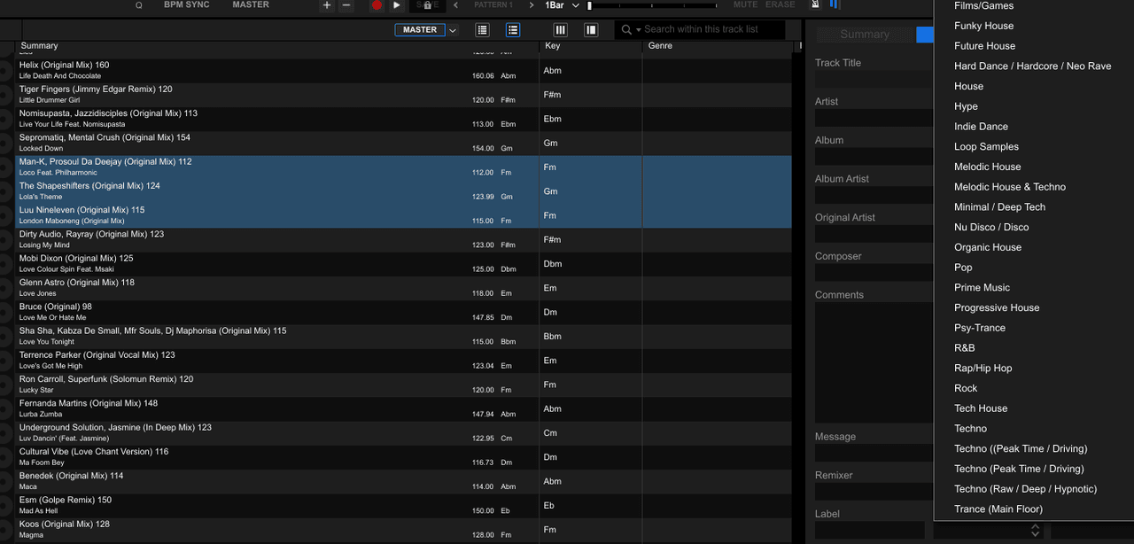 Rekordbox with three tracks selected and the track info panel's Genre list open, from Afro House to Trance