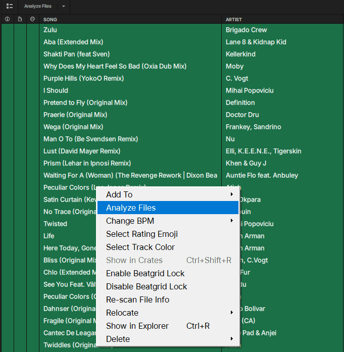 Serato DJ Lite's track list with tracks selected, the Analyze Files button above it and Analyze Files highlighted in the right-click menu