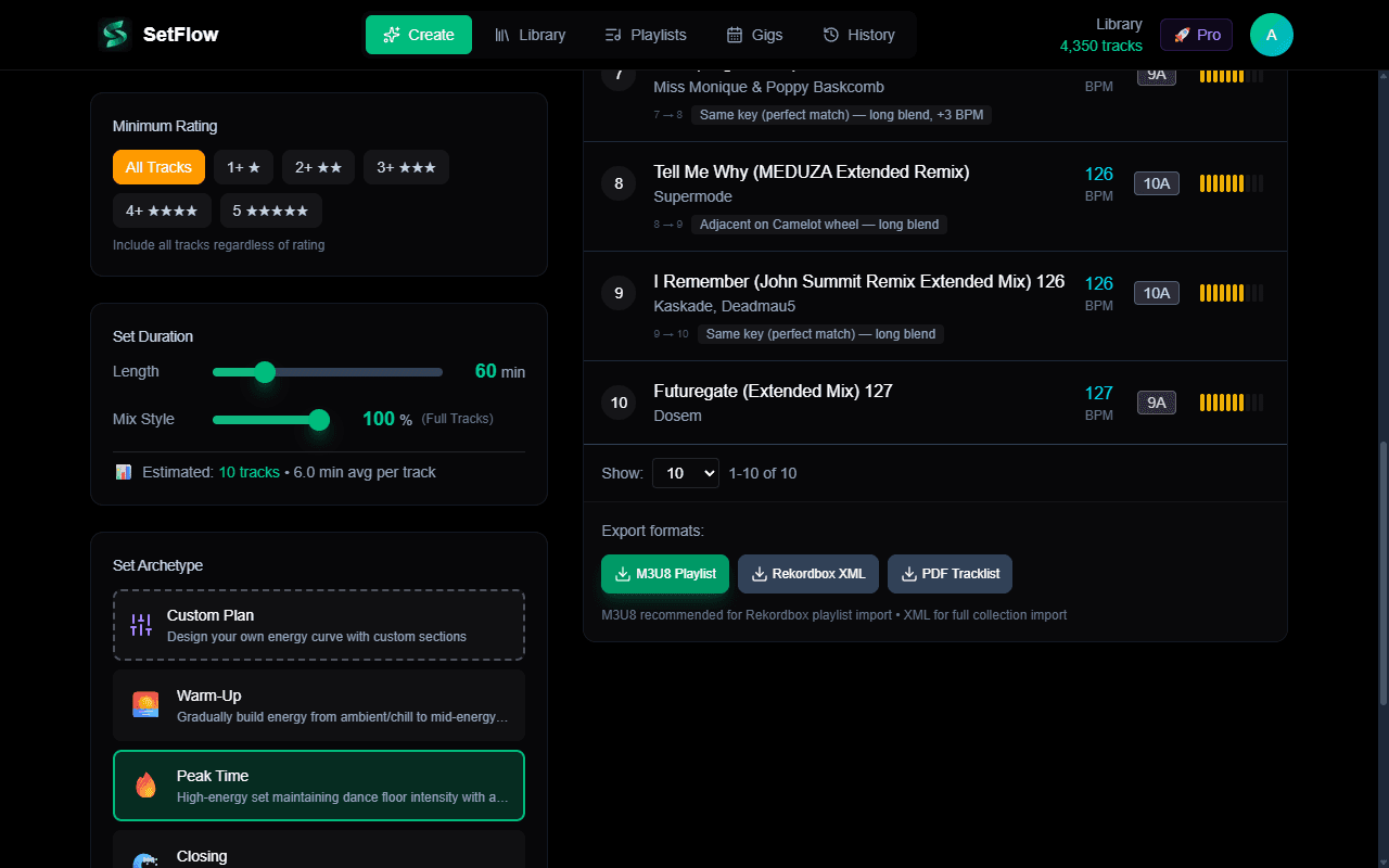 Set builder showing duration sliders, energy archetypes from Warm-Up to Chill, and export options for M3U8, Rekordbox XML, and PDF