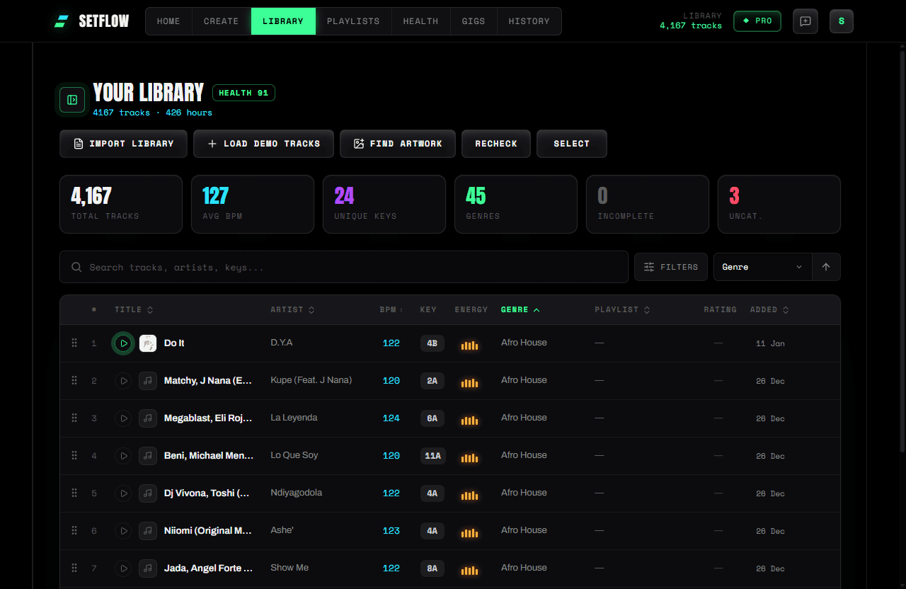SetFlow library with its health score, library stats, search, filters and sort, and the date each track was added