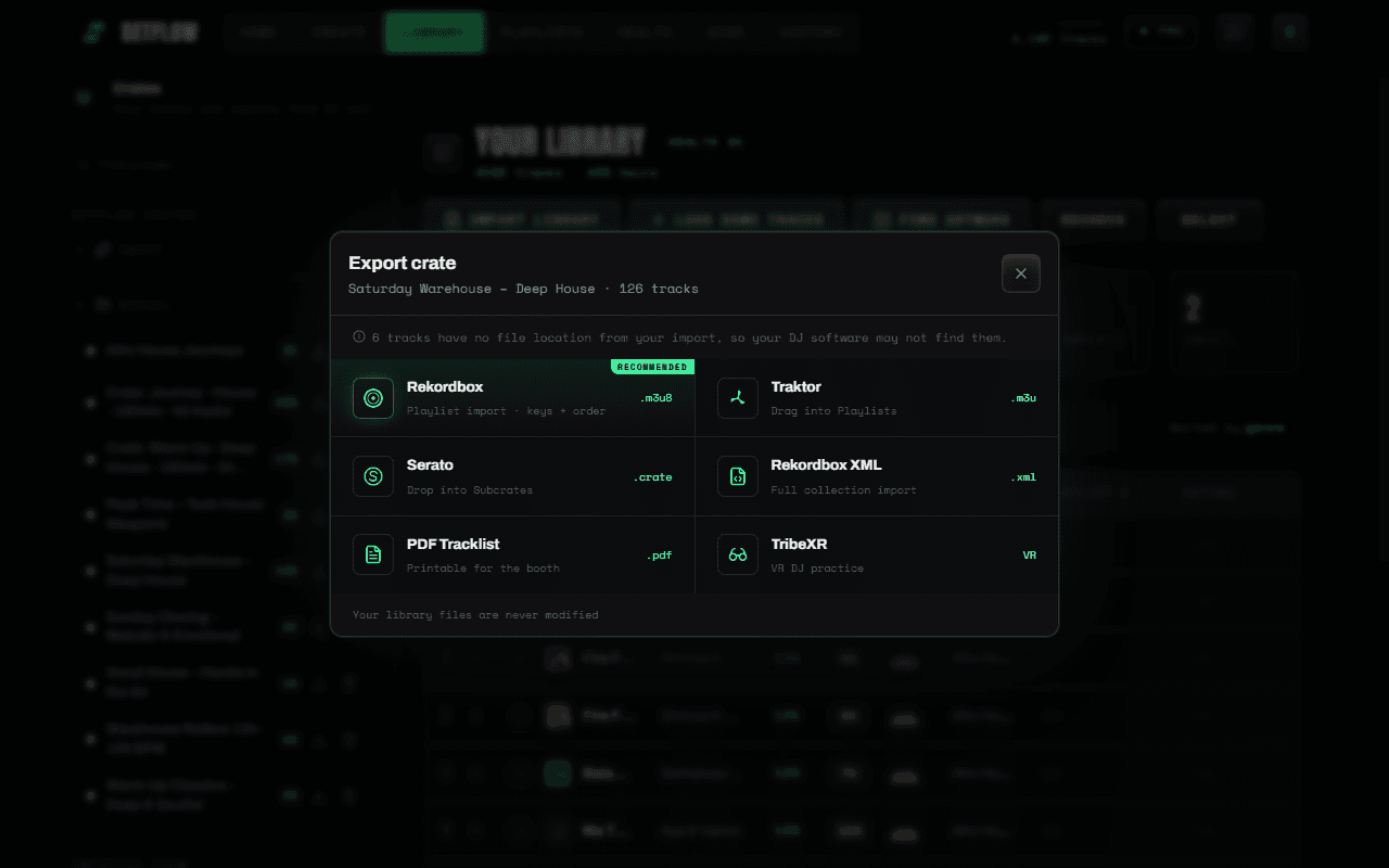 SetFlow's export window with six formats: Rekordbox .m3u8, Traktor .m3u, Serato .crate, Rekordbox XML, PDF tracklist and TribeXR