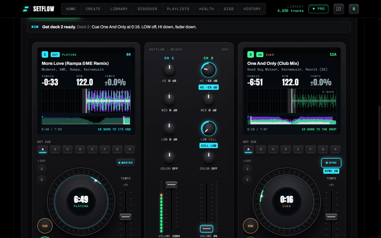 The Mix view's two decks and mixer, with DJ Tutor's next move: get deck 2 ready, low off, high down, fader down
