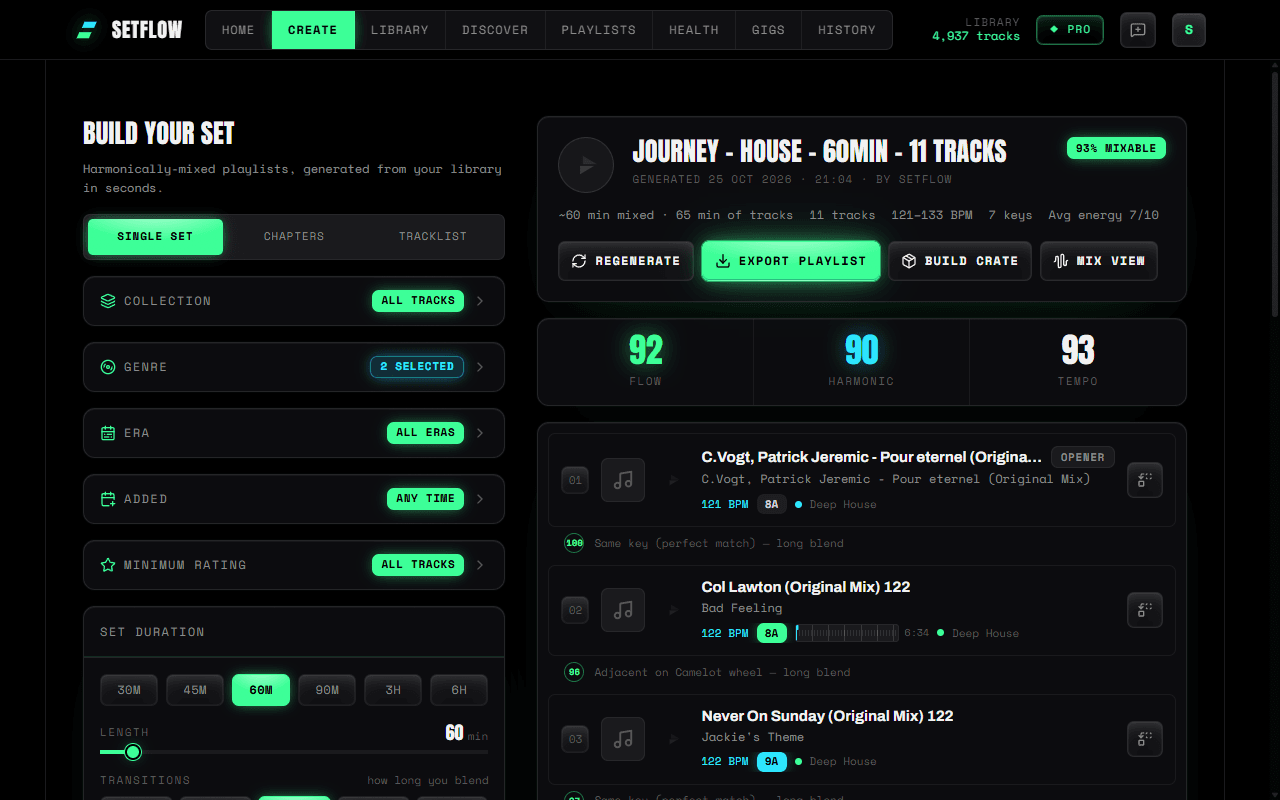 SetFlow's Create page: filters on the left, a generated Journey set on the right with its scores and transition notes