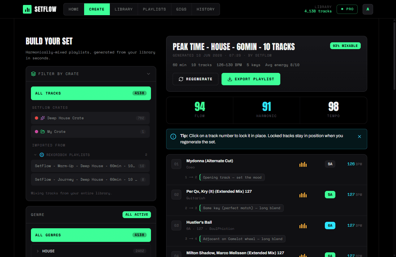 SetFlow set generation with score readout and tracklist