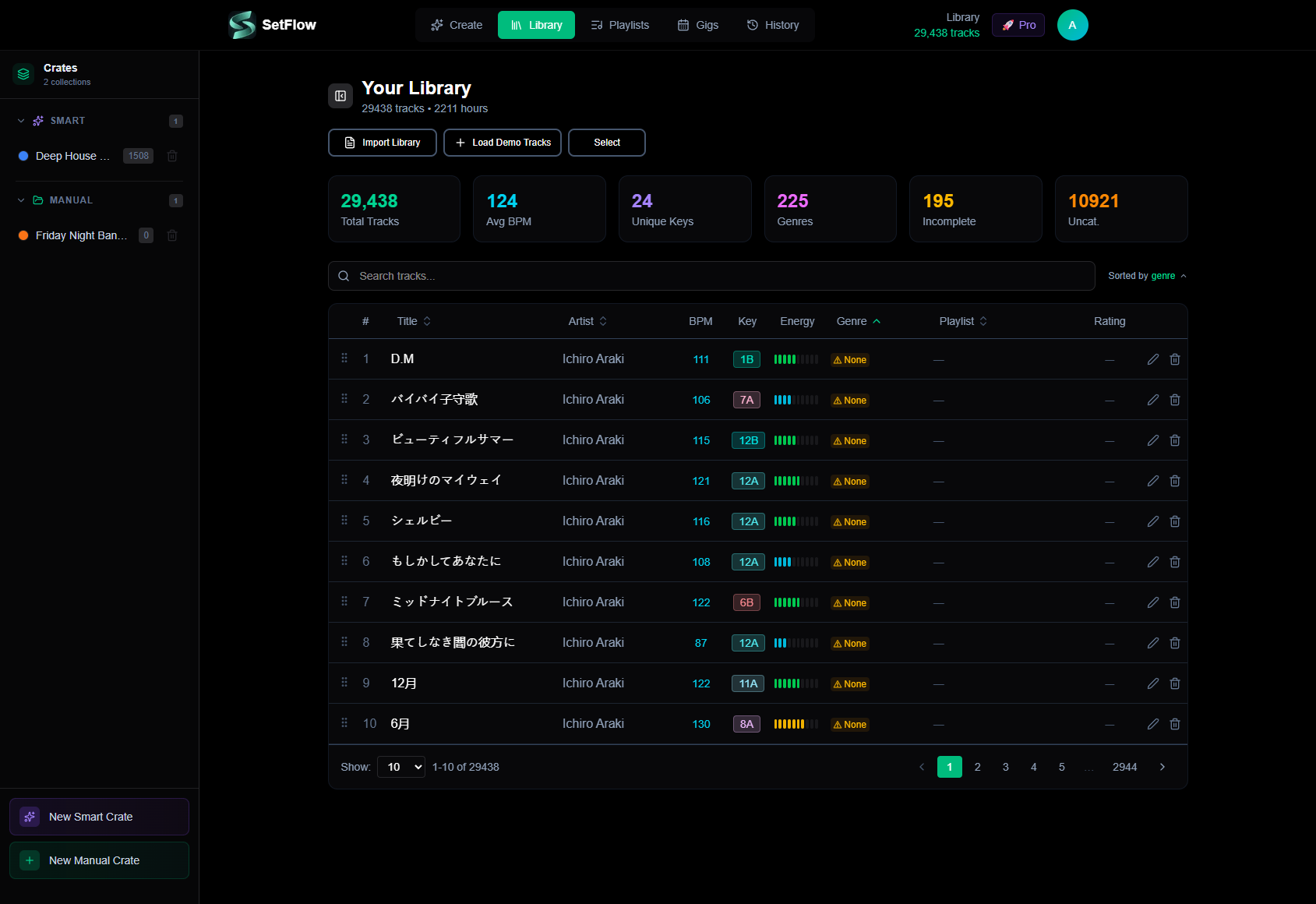SetFlow library page showing 29,438 imported tracks with BPM, key, energy, and genre metadata