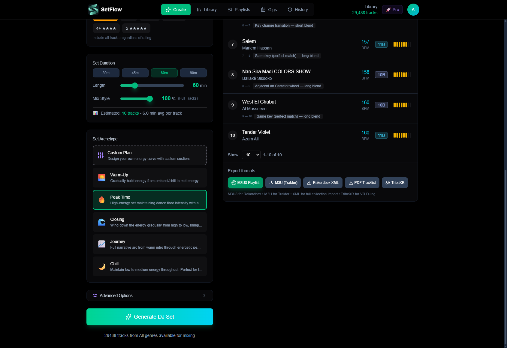 SetFlow Create page showing a generated Peak Time set from a 29,438-track library with flow score and transition details