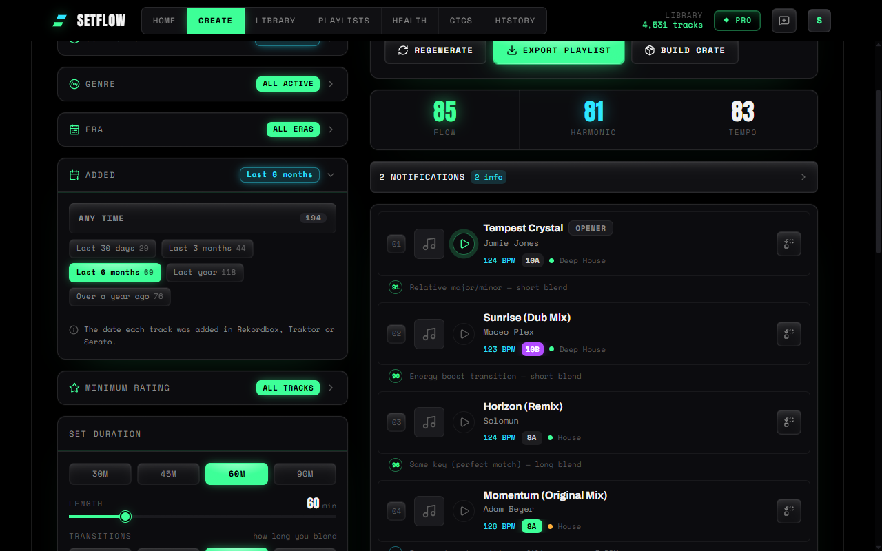 SetFlow's set builder with the Added filter open: Any time, Last 30 days, Last 3 months, Last 6 months, Last year and Over a year ago, each with a track count