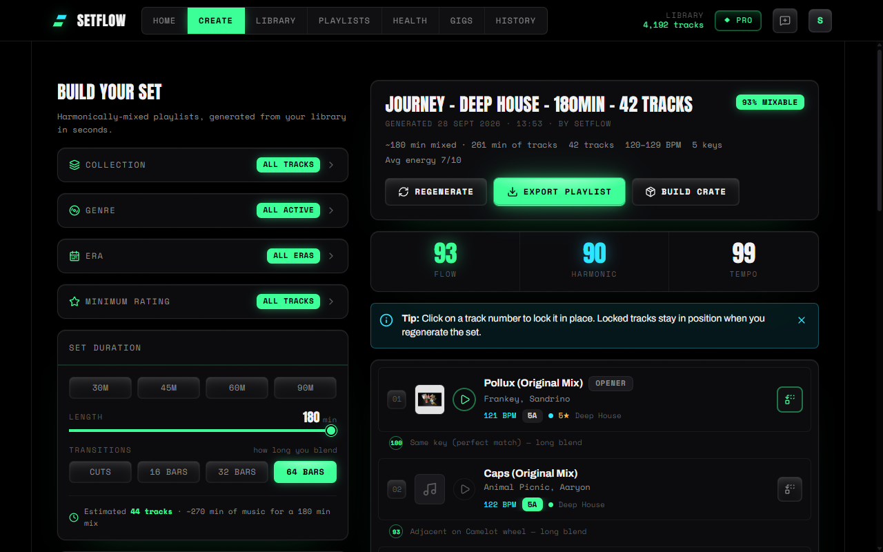 A three-hour, 42-track deep house set on SetFlow's Create page, with Regenerate, Export playlist and Build crate buttons under the set's name