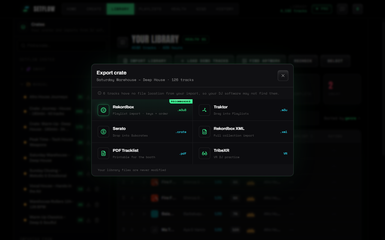 SetFlow's Export crate dialog for a 126-track crate, offering Rekordbox .m3u8 (recommended), Traktor .m3u, Serato .crate, Rekordbox XML, PDF tracklist and TribeXR