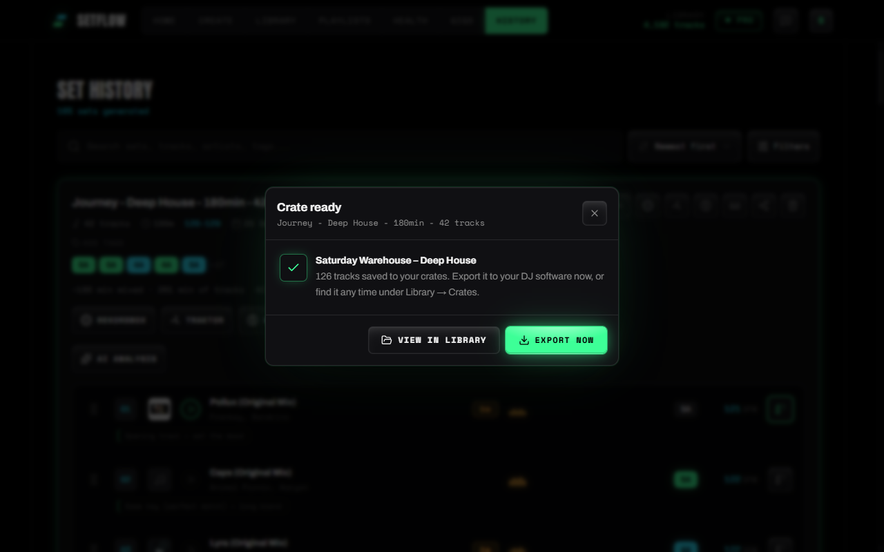 SetFlow's Crate ready confirmation: Saturday Warehouse – Deep House, 126 tracks saved to your crates, with View in Library and Export now buttons