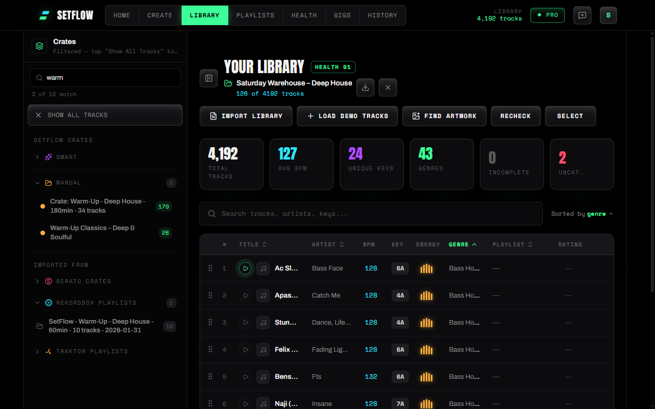 The Find a crate search in SetFlow's Crates panel with 'warm' typed: 3 of 12 match — two SetFlow crates and one imported Rekordbox playlist
