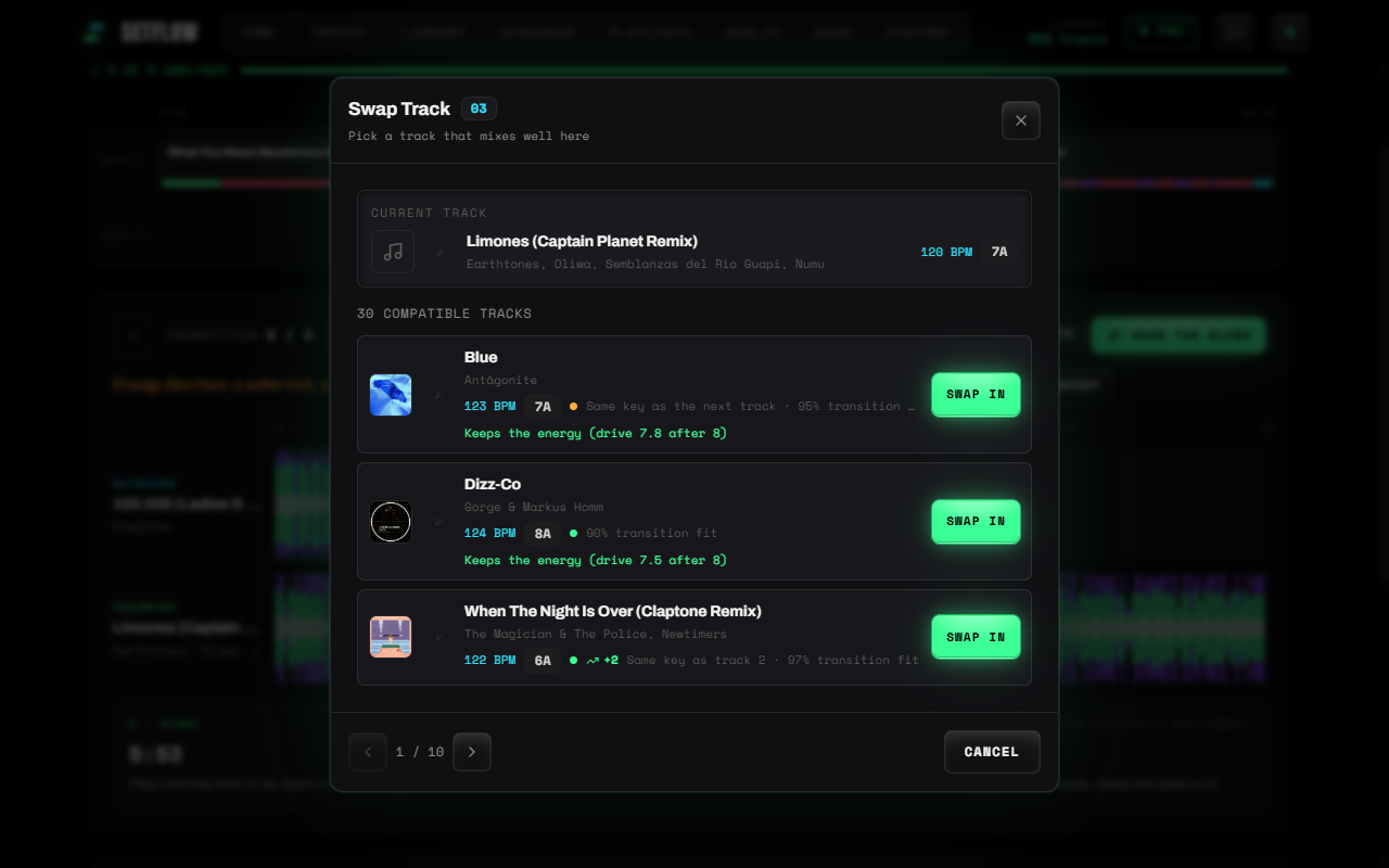 The swap list in SetFlow: tracks that keep the energy at the top, each with a note saying how its drop compares