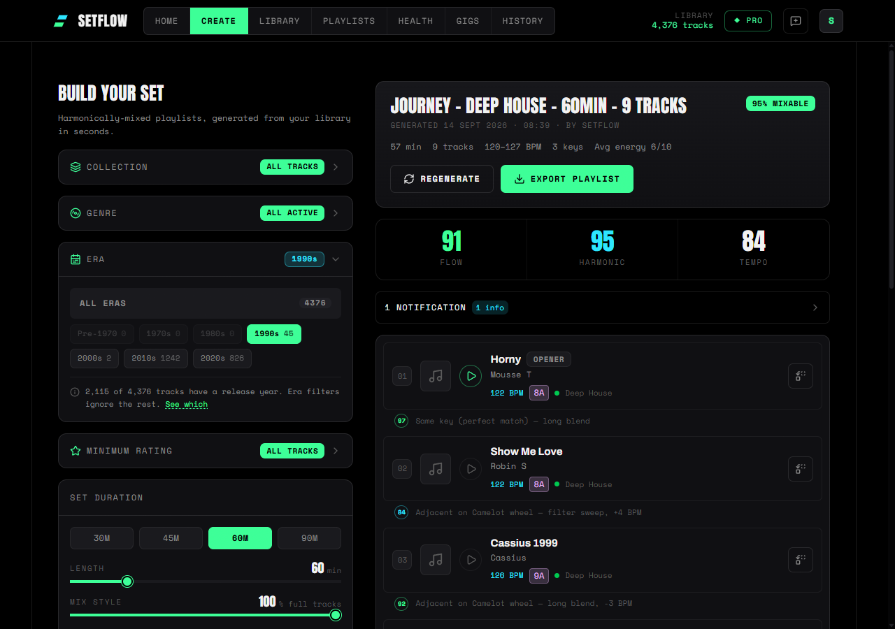 SetFlow Set Builder with the 90s era chip selected, beside a generated set of 90s house records with BPM, Camelot key and transition notes