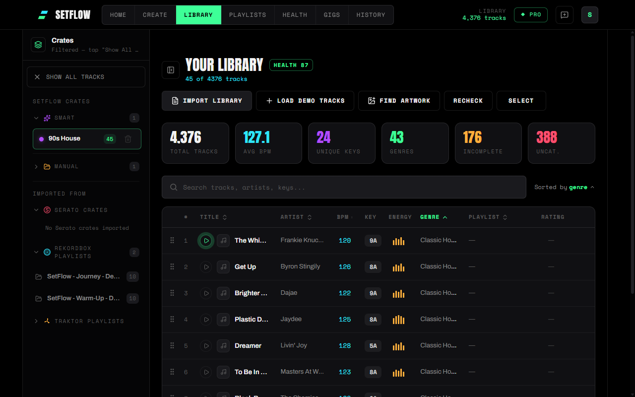 A saved 90s House smart crate in the SetFlow sidebar holding 45 tracks, with the library filtered to show only those records
