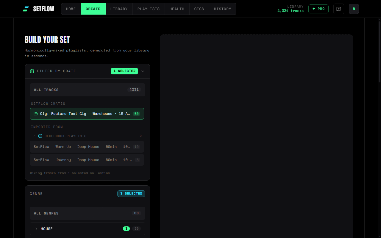 SetFlow's Create page with the crate filter open and a gig crate named after the gig and date selected as the generation source, showing 50 tracks