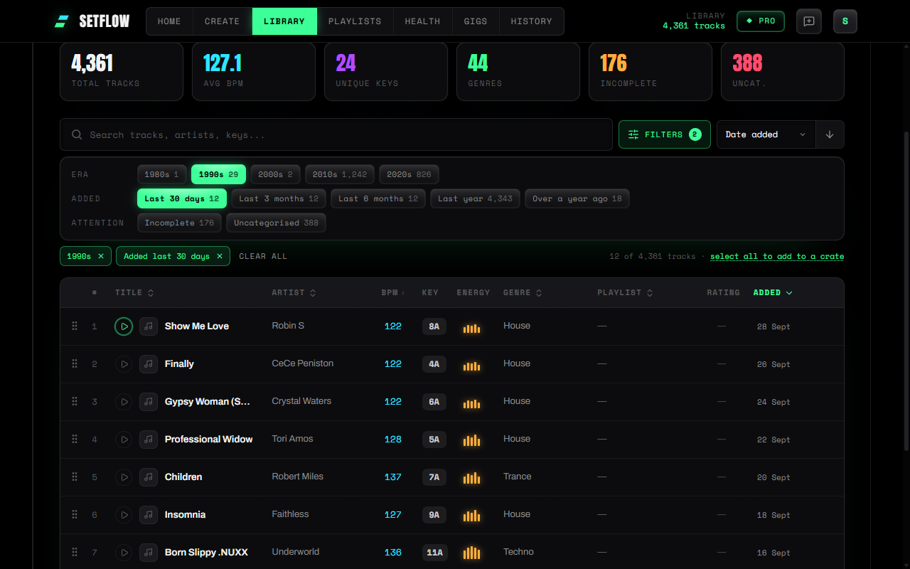 SetFlow's Library with the Filters panel open: the 1990s era and Last 30 days selected, shown as removable chips above twelve matching 90s tracks sorted by date added, with a link to select them all for a crate