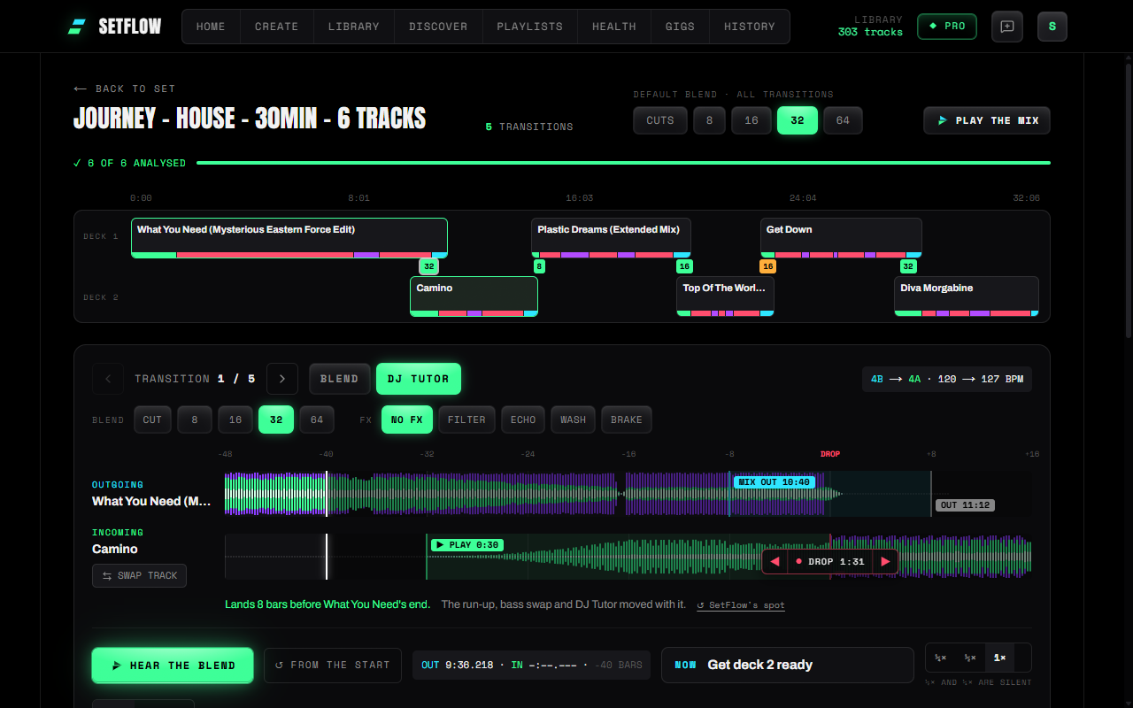 SetFlow's Mix view with the drop moved a phrase earlier: arrows either side of the DROP label on the incoming waveform, and a line saying it lands 8 bars before the outgoing track's end