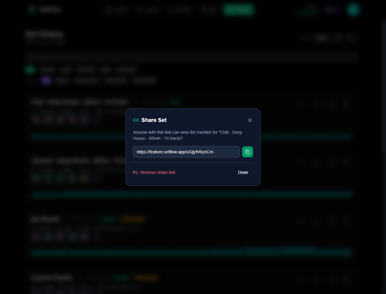 Share modal showing the generated public link with copy and remove options