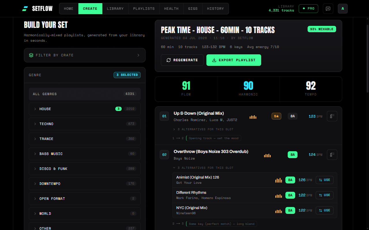 A generated house set in SetFlow with track two's alternatives expanded — three ranked backup tracks, each showing energy bars, Camelot key, BPM, and a Use button to swap it into the slot