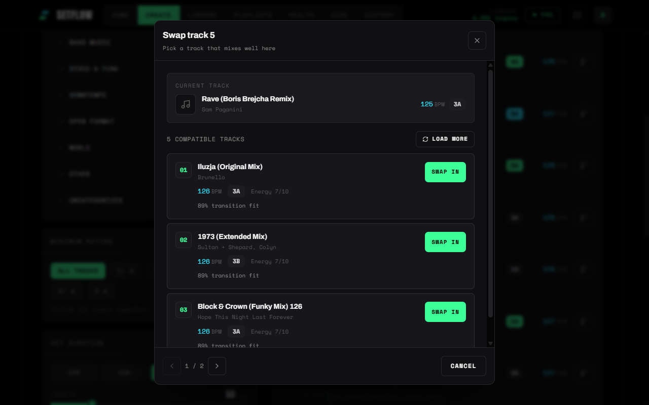 The Swap panel for a track in a generated set: the current track at the top, then a ranked list of compatible library tracks, each showing BPM, Camelot key, energy, a transition-fit percentage, and a Swap in button