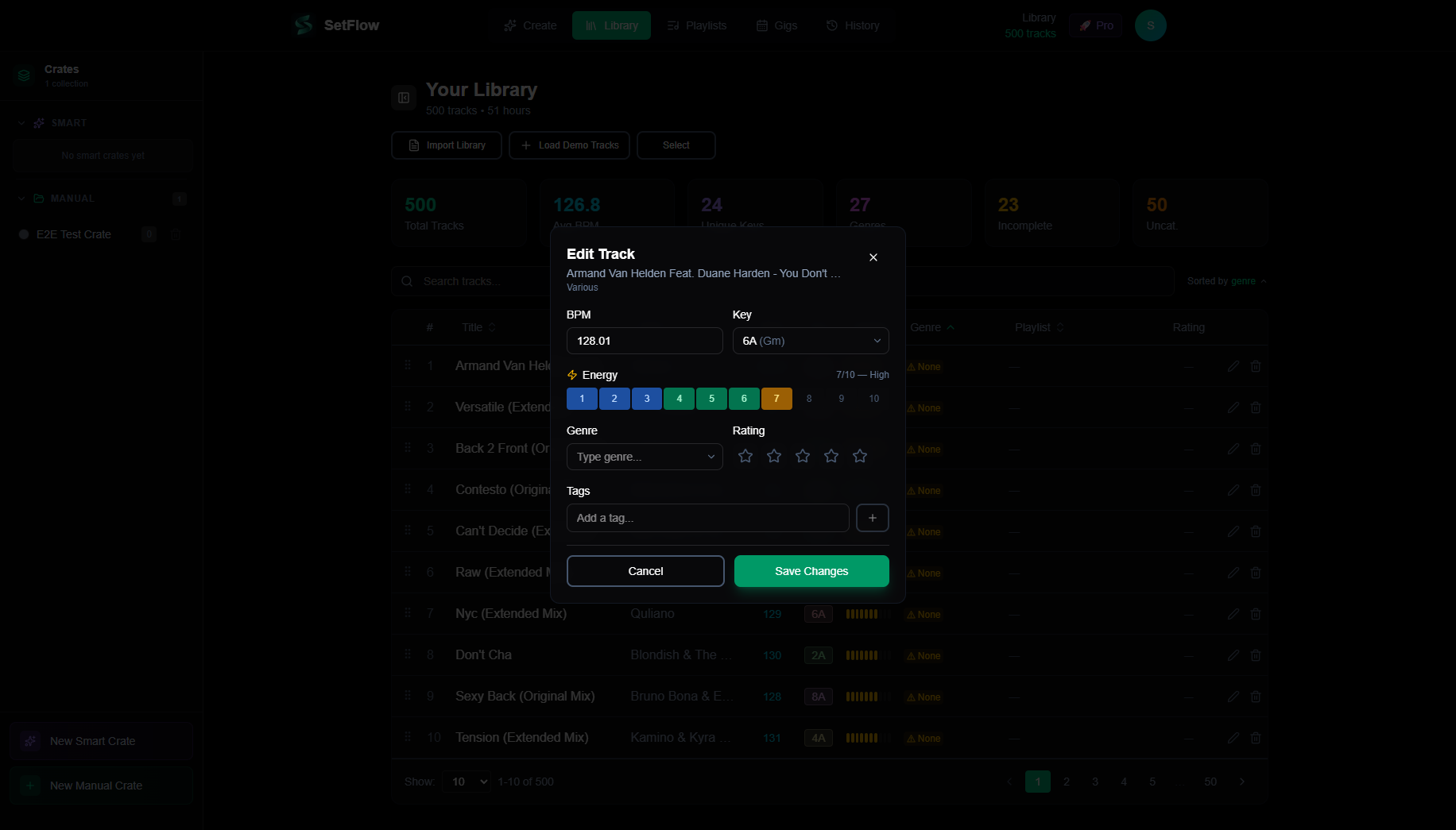 Track edit modal showing BPM, Key (Camelot), Energy bar, Genre, Rating stars, and Tags fields