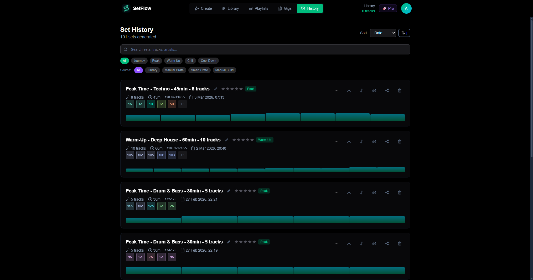SetFlow History page showing the M3U (Traktor) export button alongside M3U8, TribeXR, share, and delete options on each set