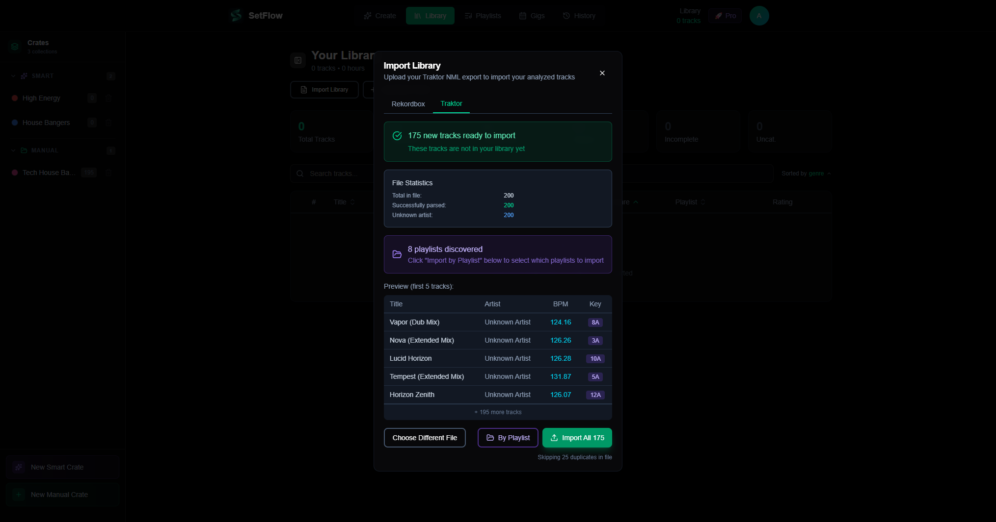 SetFlow import modal showing 175 parsed Traktor tracks with file statistics, track preview table, and import options