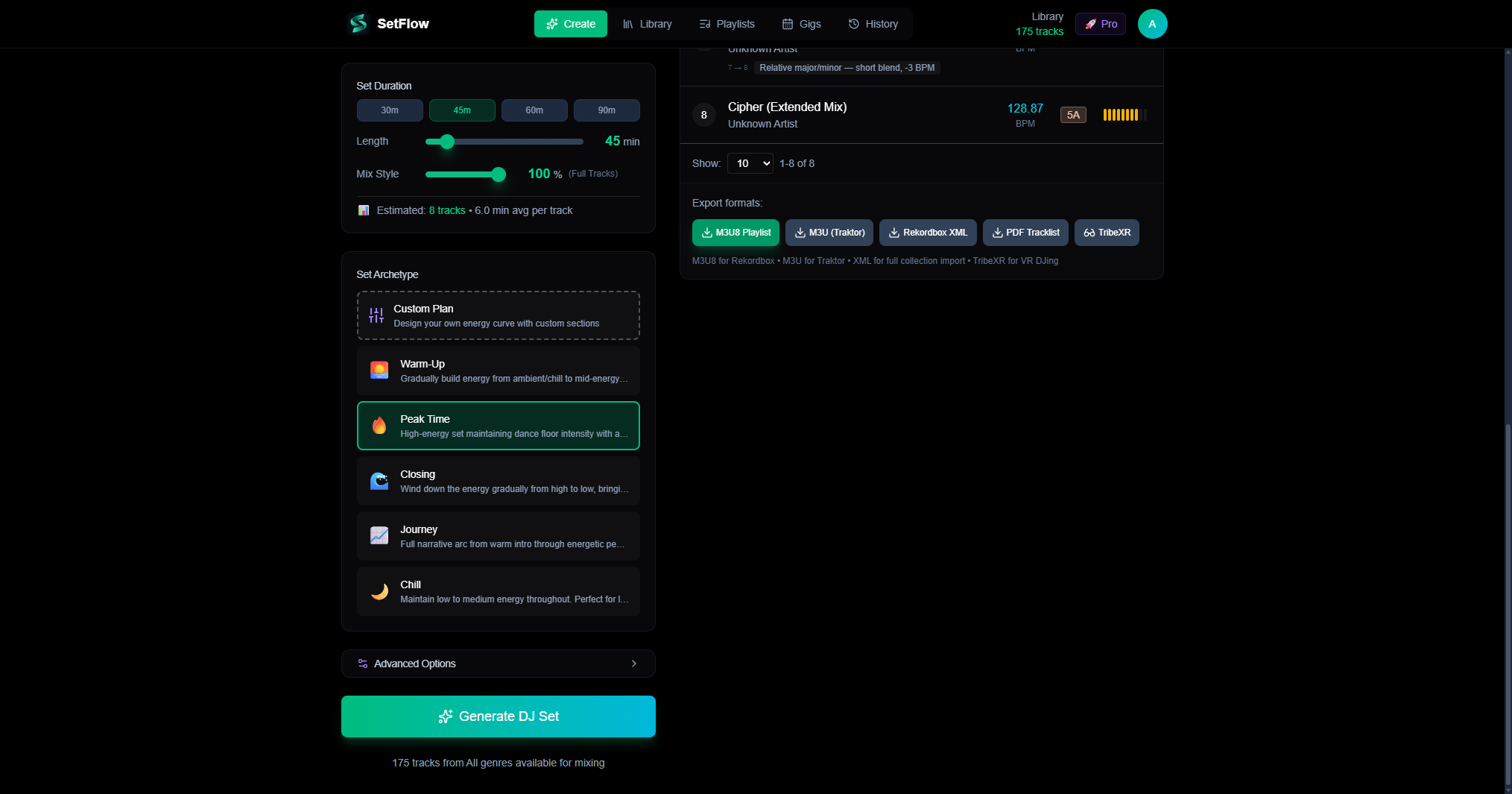 SetFlow Create page showing a generated Peak Time set with 8 Traktor tracks, harmonic transition notes, and M3U export option