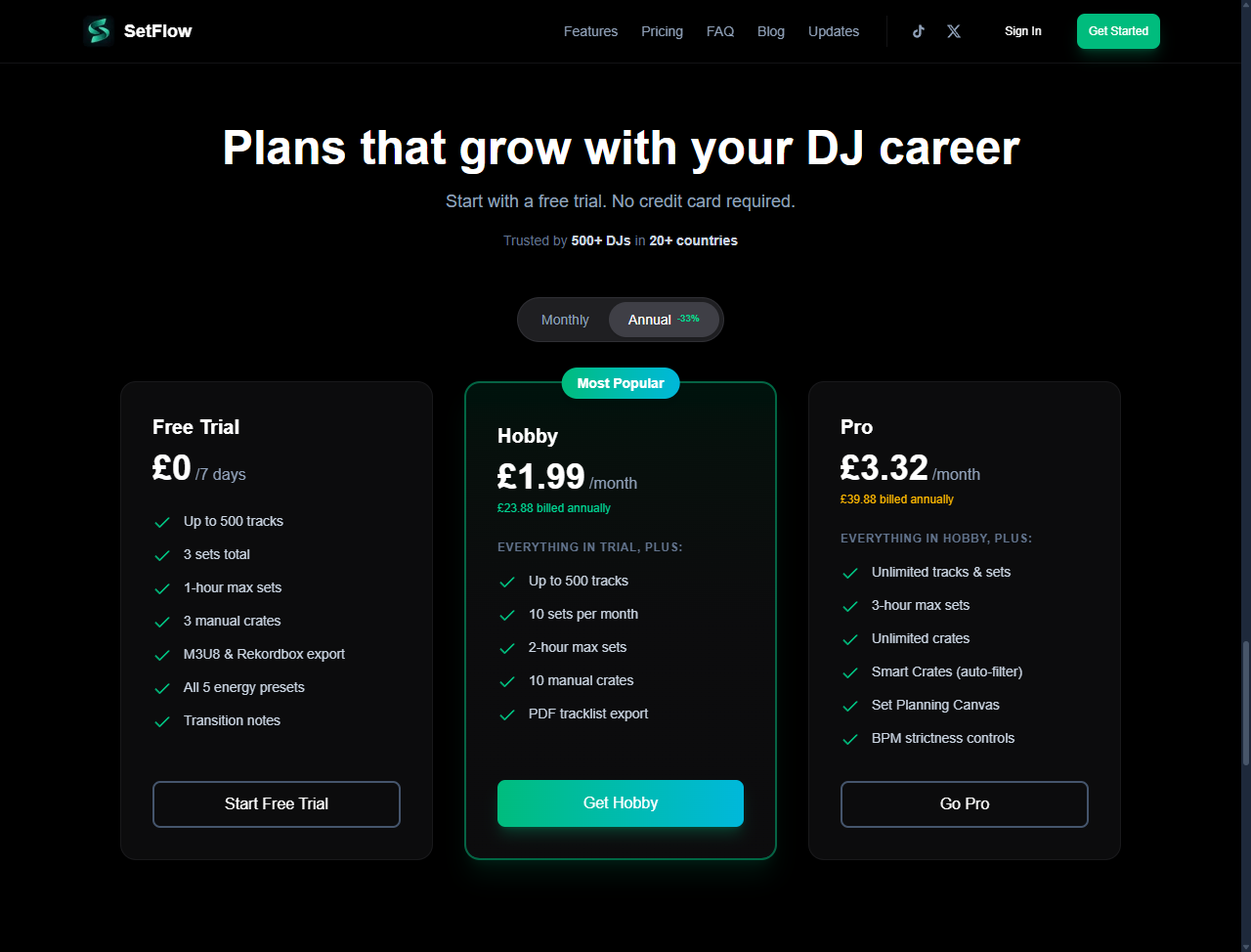 SetFlow pricing page showing Free Trial with 500 tracks and 7 days, Hobby at £1.99/month, and Pro at £3.32/month