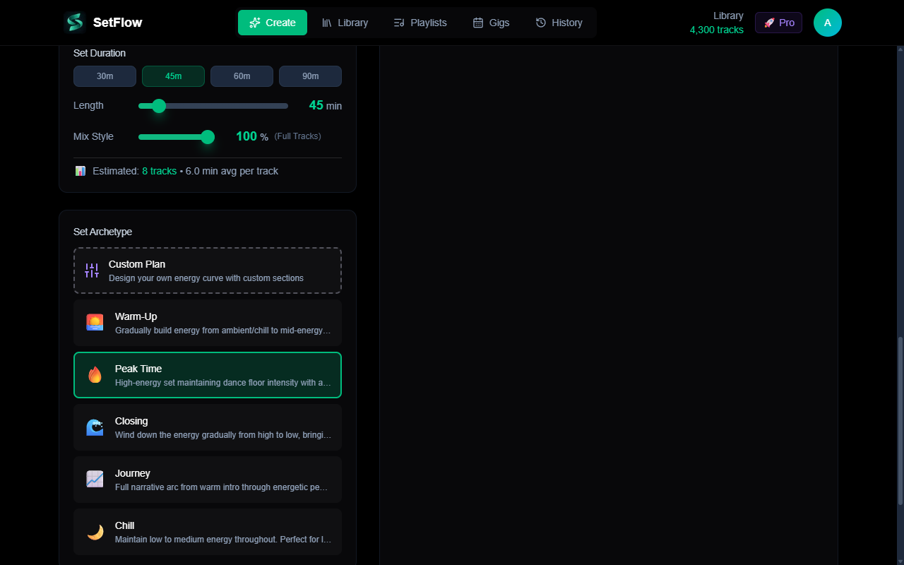 SetFlow Create page showing 30m, 45m, 60m, and 90m quick duration preset buttons above the duration slider