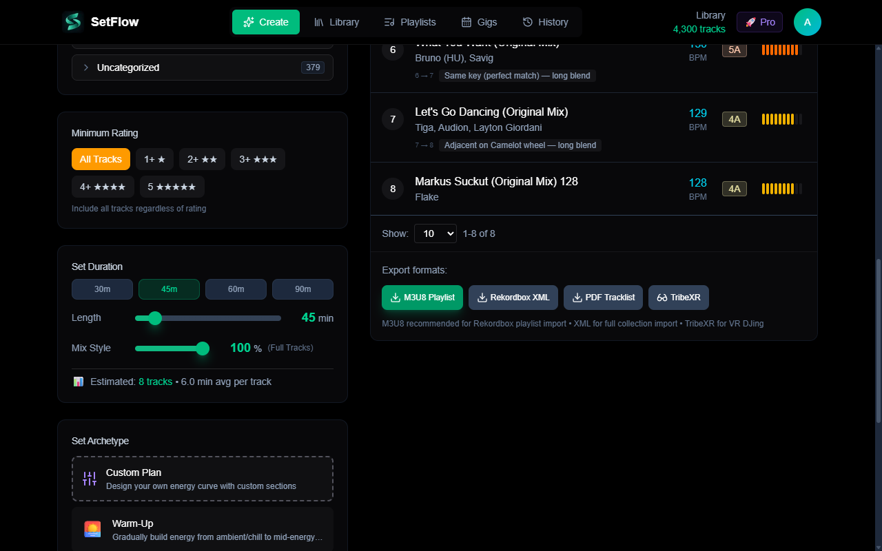 SetFlow Create page showing the TribeXR export button alongside M3U8, Rekordbox XML, and PDF Tracklist export options