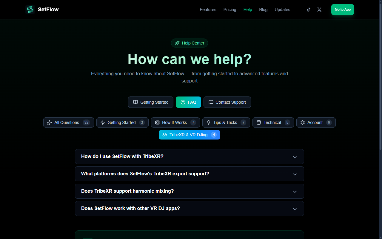 SetFlow Help Center showing the TribeXR & VR DJing FAQ category with 4 dedicated questions
