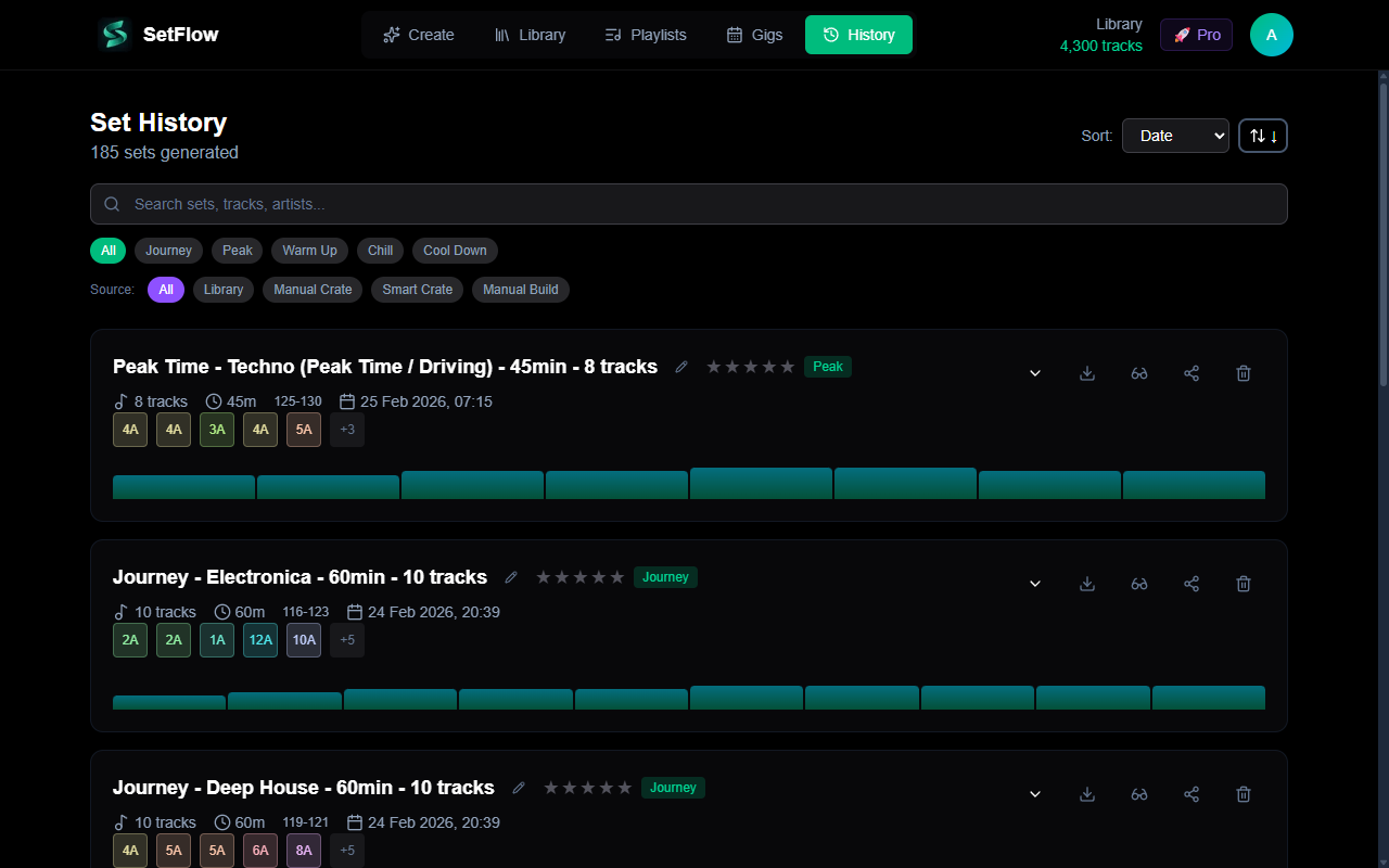 SetFlow History page showing TribeXR export buttons on saved set cards