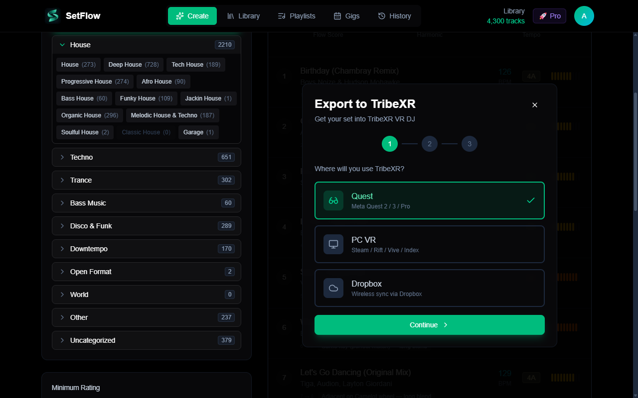 TribeXR export modal Step 1 showing Quest, PC VR, and Dropbox platform options with Quest selected