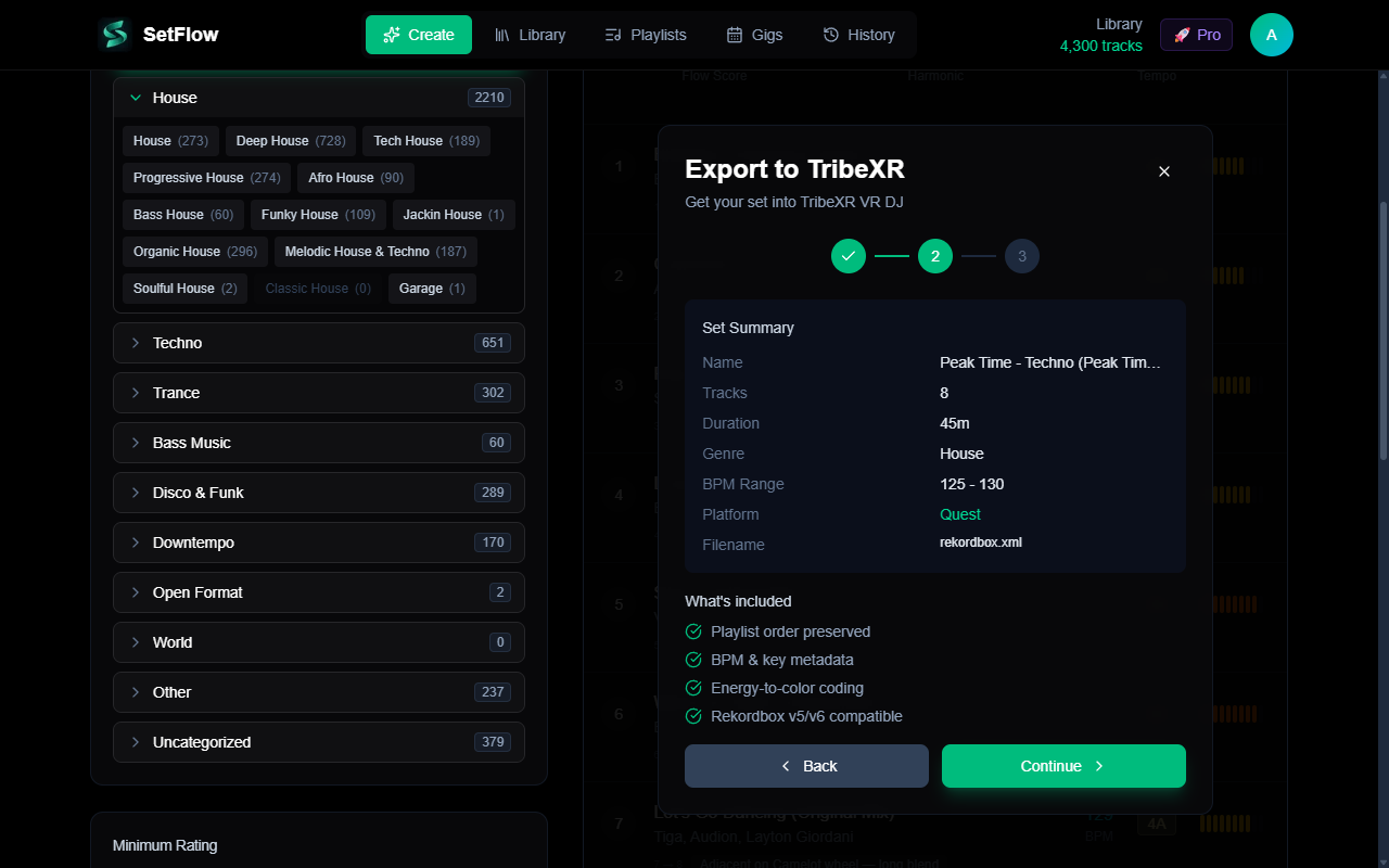 TribeXR export modal Step 2 showing set summary with track count, duration, BPM range, genre, and target platform