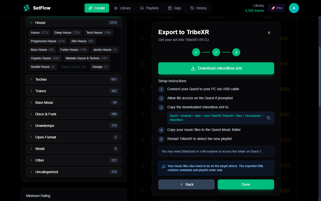 TribeXR export modal Step 3 showing download button and platform-specific setup instructions with Quest file path and copy button