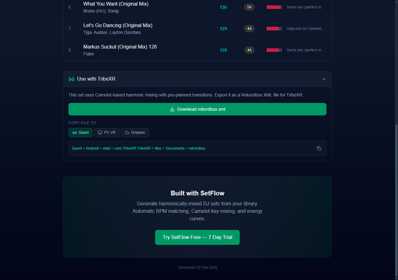 Public set page with the Use with TribeXR section expanded, showing download button, platform tabs for Quest, PC VR, and Dropbox, and the Quest file path