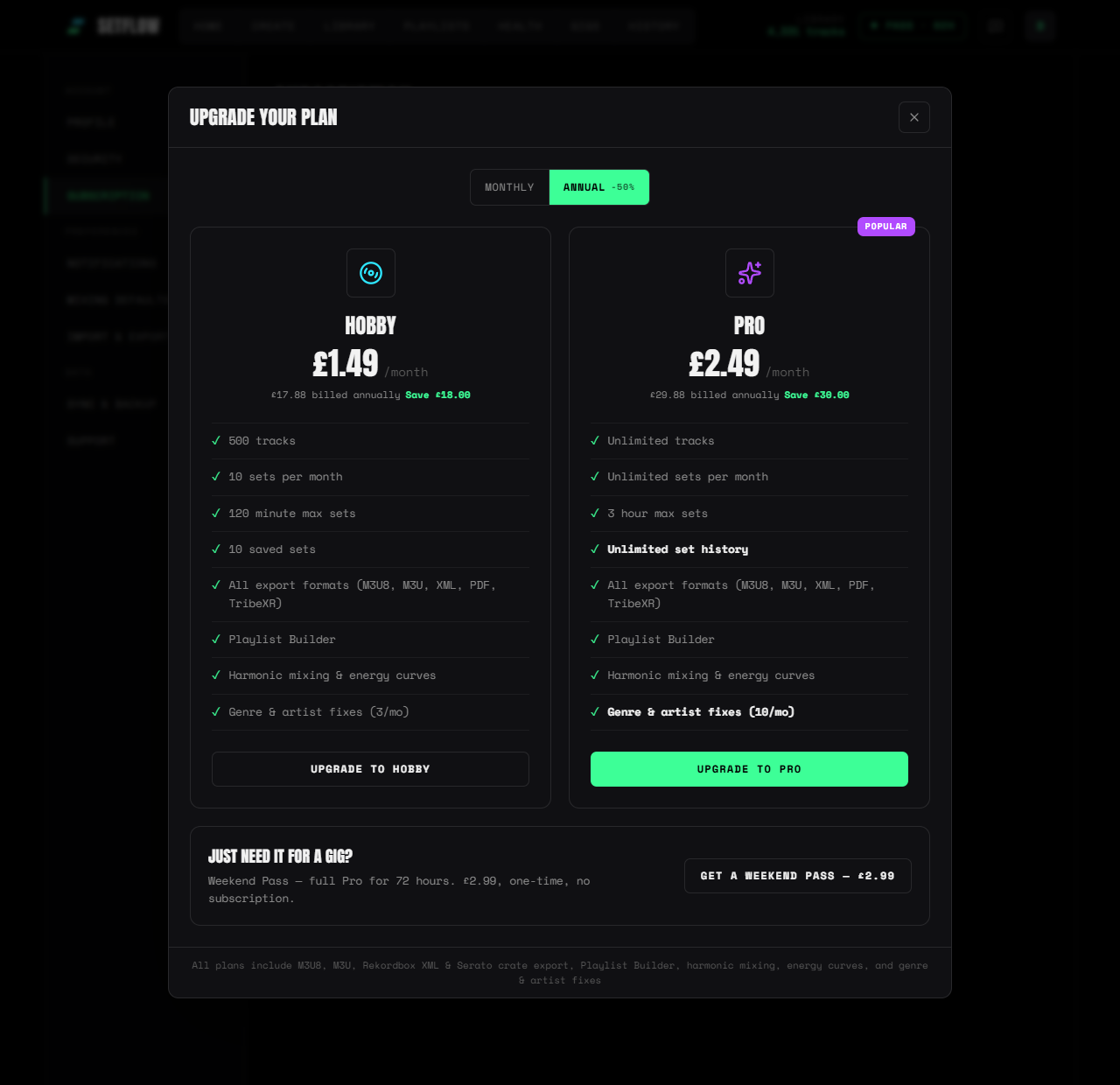SetFlow plans modal showing Hobby and Pro subscriptions with a Weekend Pass option below: full Pro for 72 hours, £2.99, one-time, no subscription