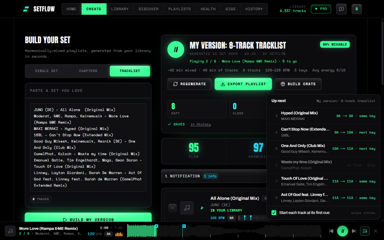 A generated set on SetFlow's Create page playing in order, with the Play set button before the set name and the player's Up next list open