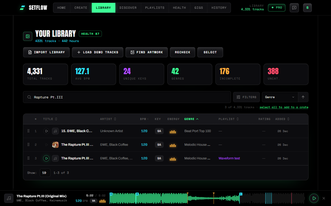 SetFlow's preview player along the bottom of the Library page: the track's waveform across the middle, played part in green, with hot cues A, B and C, a loop band and 32-bar phrase ticks; the time, BPM, Camelot key and energy on the left; play and close on the right