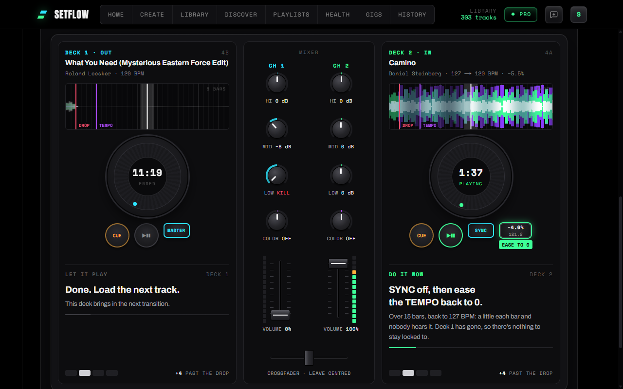 SetFlow's DJ Tutor on the TEMPO step: deck 2's TEMPO readout easing back to 0 with a badge saying EASE TO 0, and a guide under the deck saying SYNC off, then ease the TEMPO back to 0