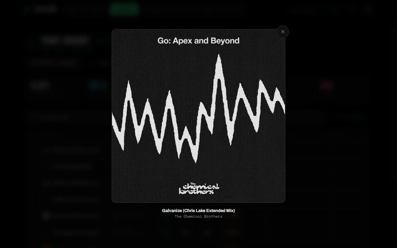 A track's cover art opened full size over the SetFlow library, with the track title and artist beneath it
