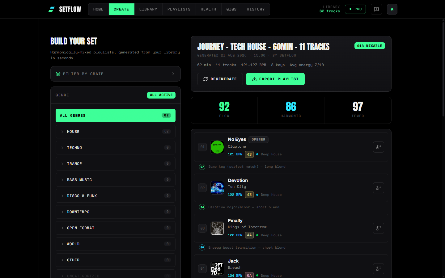 A generated set on the Create page showing the redesigned track cards: cover art, title and artist, a caption line with coloured BPM, key and energy, and a scored connector between tracks