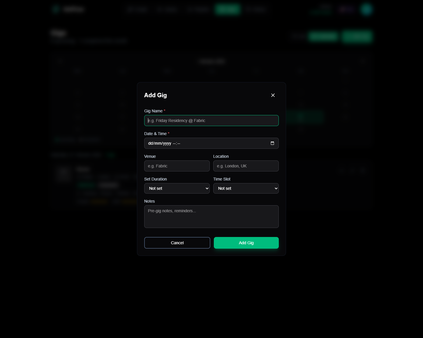 The Add Gig form showing fields for name, date, venue, location, duration, time slot, and notes
