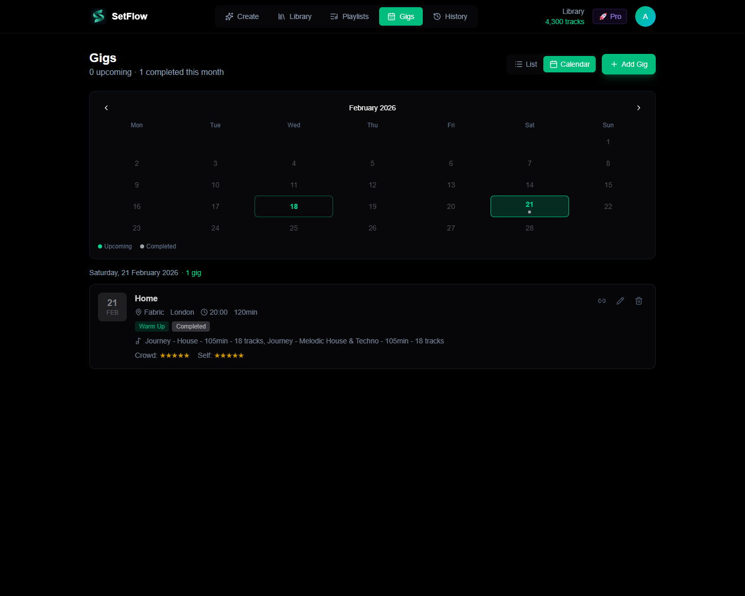 Calendar view with a date selected showing the filtered gig card below