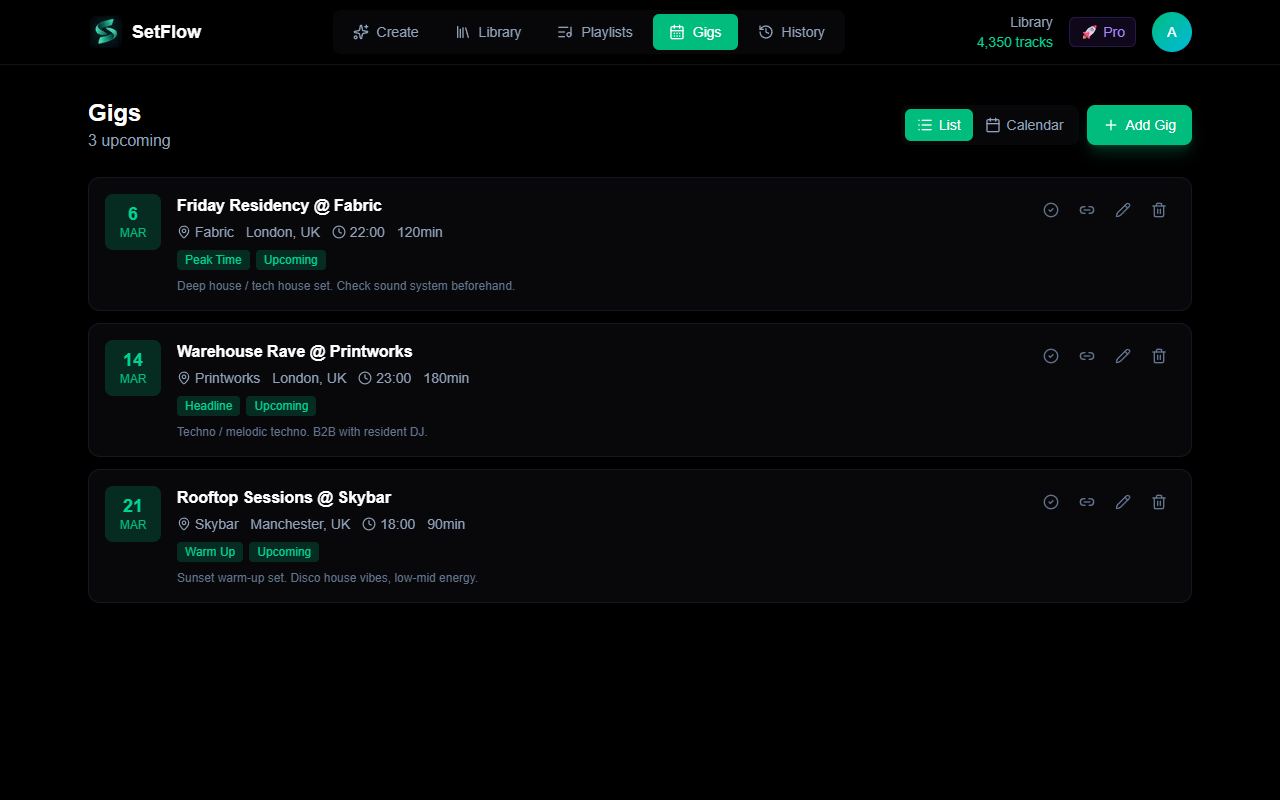 The Gigs page in list view showing a completed gig with linked sets and star ratings