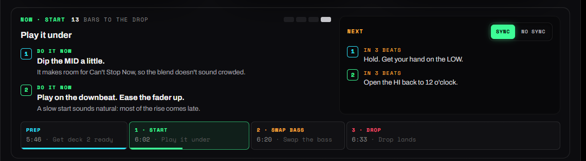 SetFlow's DJ Tutor guide reading Now · Start, 13 bars to the drop: dip the MID a little, then play on the downbeat and ease the fader up, with the next two moves 3 beats away and the Prep, Start, Swap bass and Drop steps along the bottom
