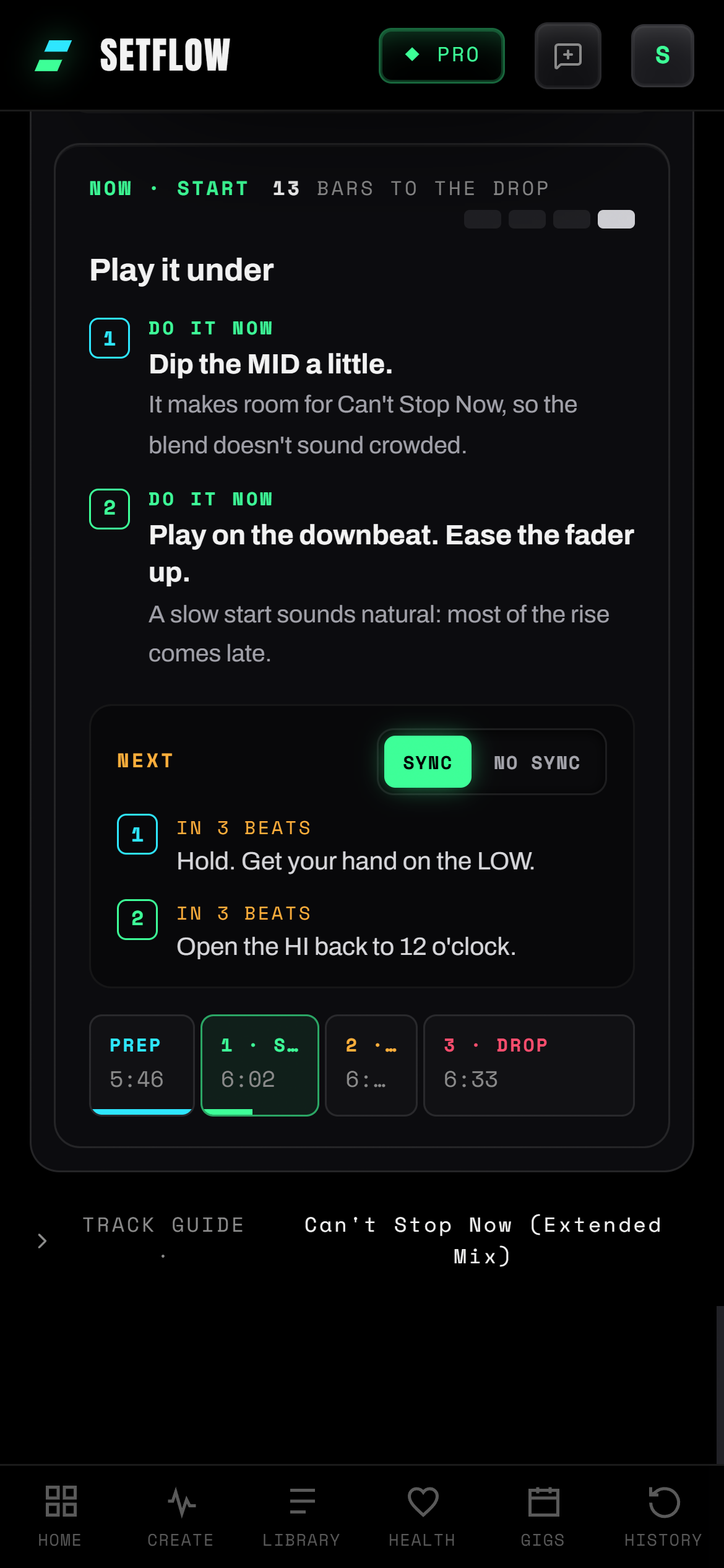 The DJ Tutor guide on an iPhone: Now · Start, 13 bars to the drop, with Dip the MID a little and Play on the downbeat, ease the fader up, then the next two moves 3 beats away